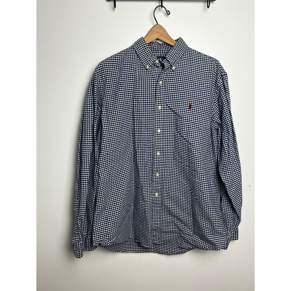 Polo Ralph Lauren Mens XL Custom Fit Gingham Button Down Shirt Navy Blue White